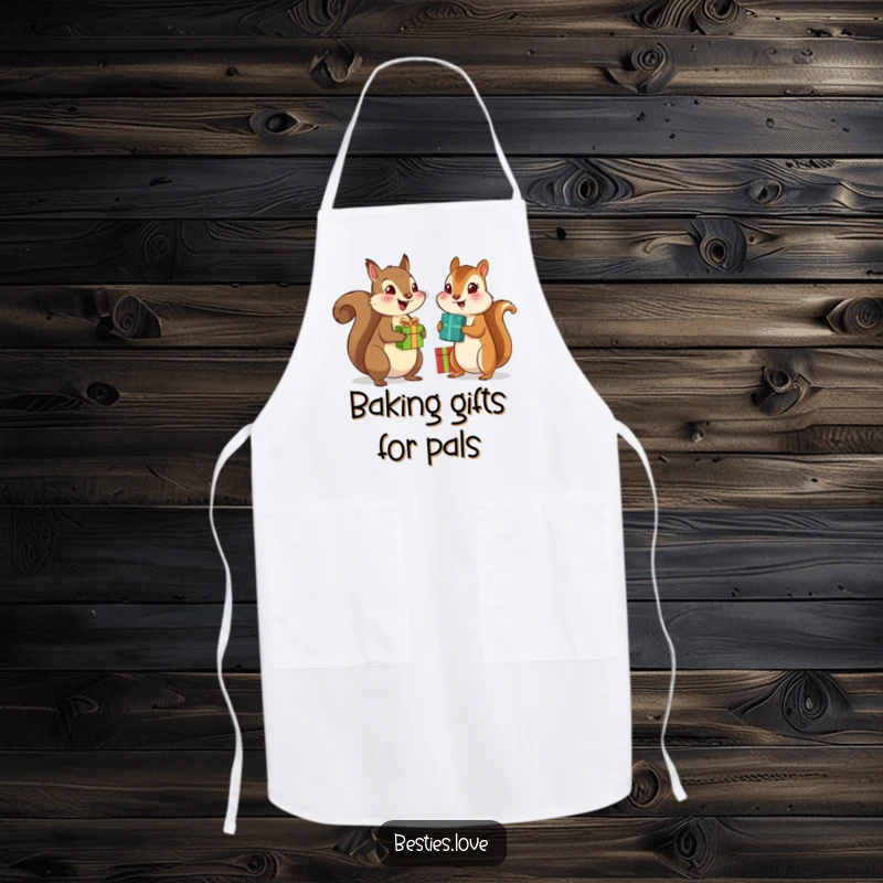 Funny apron showing a squirrel and chipmunk best friends happily exchanging gifts, perfect for kitchen humor and cooking.