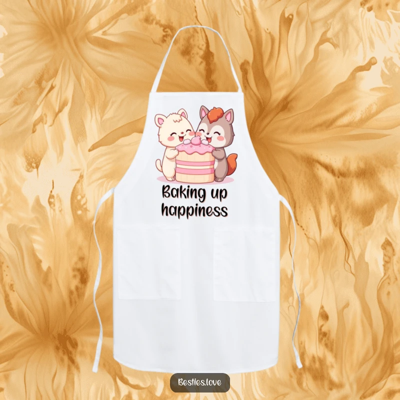 Funny Apron depicting two animals sharing a giant cake with pleased smiles, bringing a humorous and delightful touch to any kitchen.