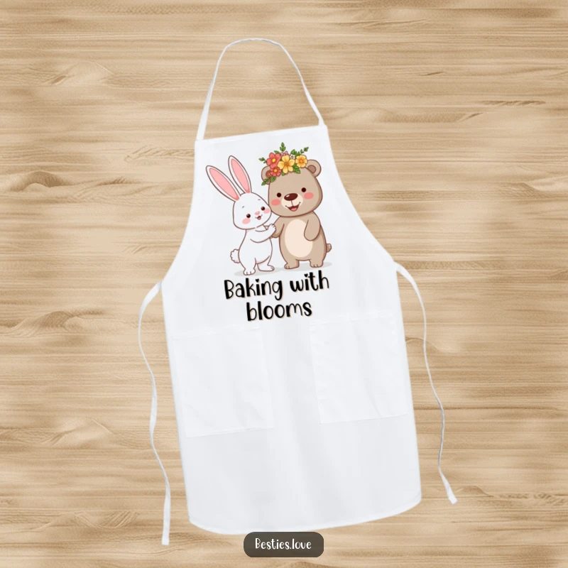 Funny apron illustrating a bunny offering a flower crown to a bear, perfect for kitchen fun and cute animal-themed cooking.