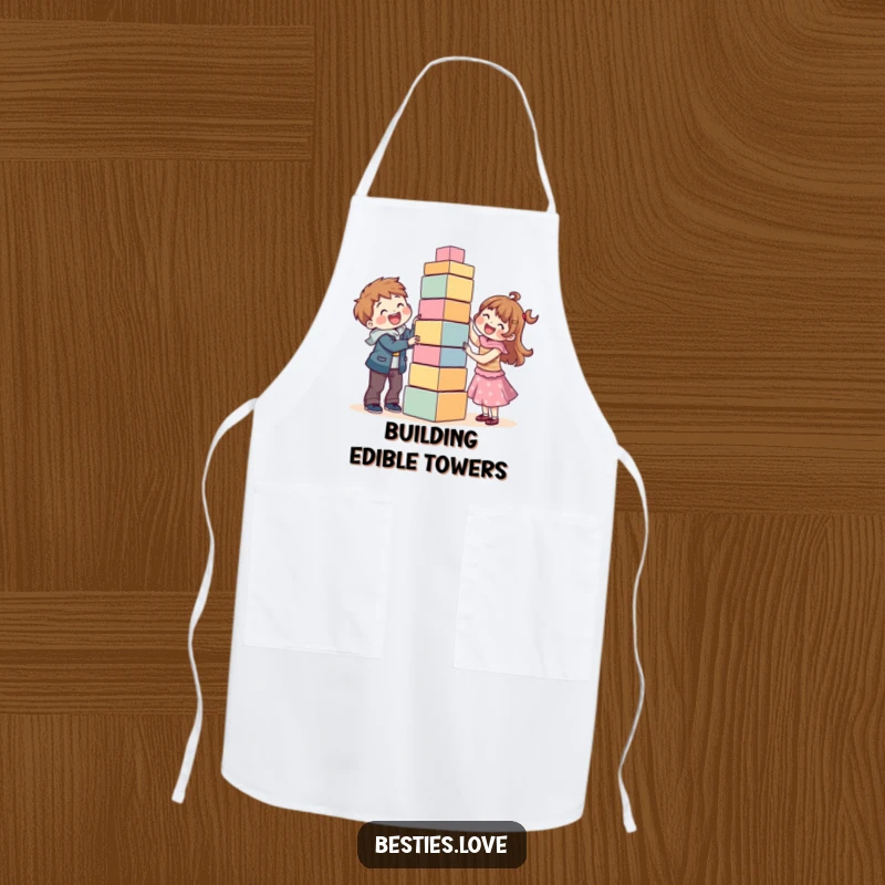 Funny kitchen apron depicting best friends joyfully engaged in building a very tall, wobbly tower of blocks, perfect for cooking buddies.