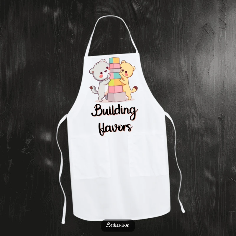 Funny Bestie Animals Apron: Two animal companions humorously attempting to stack colorful blocks into a wobbly tower, ideal for kitchen fun.