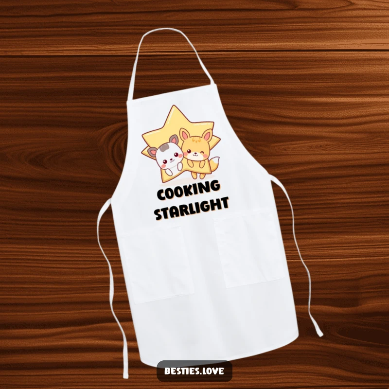 Funny Star Animals Apron featuring cartoon animals peeking from behind a large, winking star, perfect for kitchen adventures.