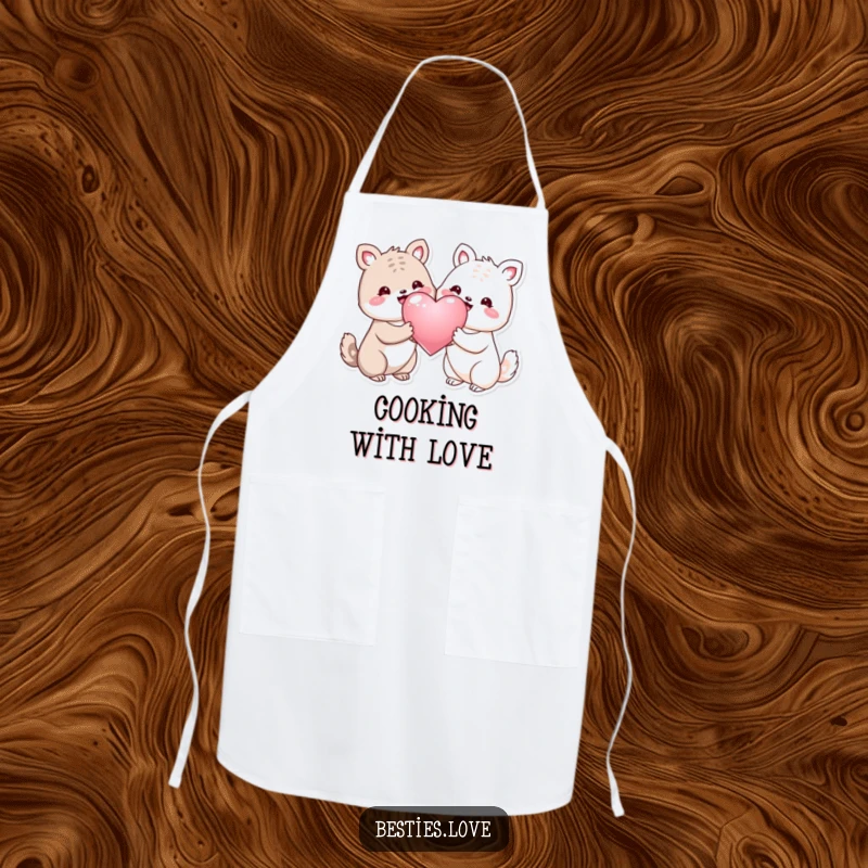 Funny apron featuring two smiling animals sharing a large shiny heart, ideal for cooking and baking with personality.