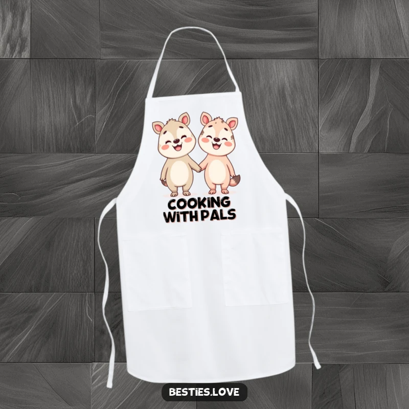 Funny Pals Apron featuring two silly animals holding hands, their faces beaming with broad smiles, perfect for kitchen fun.