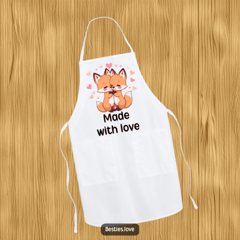 Funny apron with two sweet fox friends hugging amidst sparkly hearts, perfect for kitchen adventures and adding cute animal charm.