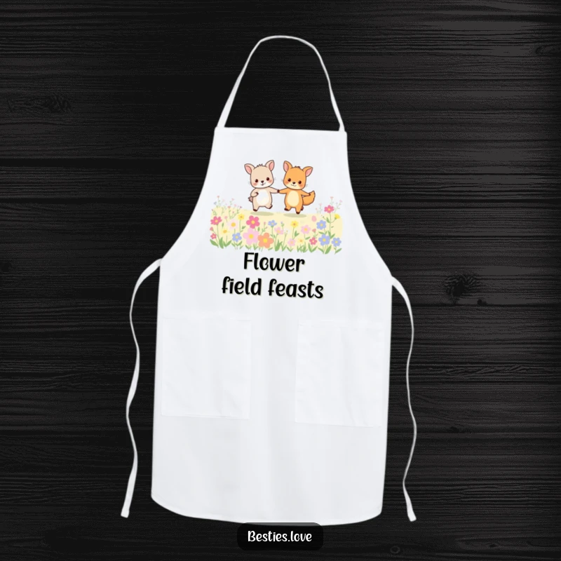 Funny animal friends apron showing two happy creatures holding hands and skipping through a field of vibrant flowers.