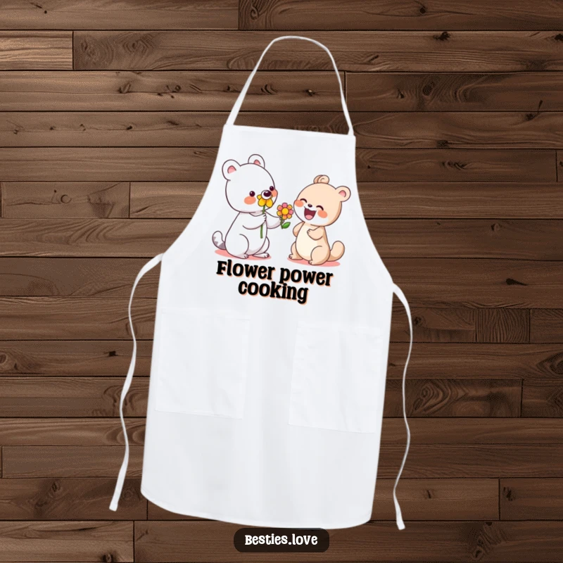 Funny apron featuring a cute animal offering a bright flower to a laughing companion, ideal for cheerful cooking and baking.