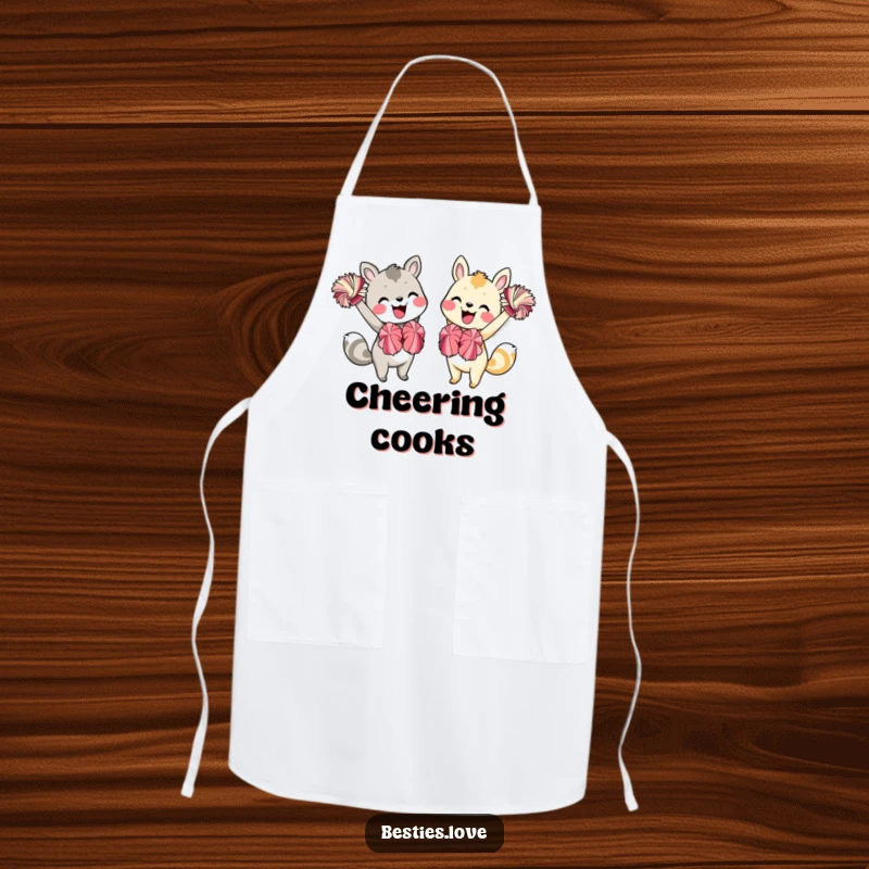 Funny Animal Friends Apron: Two animal companions energetically cheering with pom-poms and beaming smiles, ideal for kitchen fun.