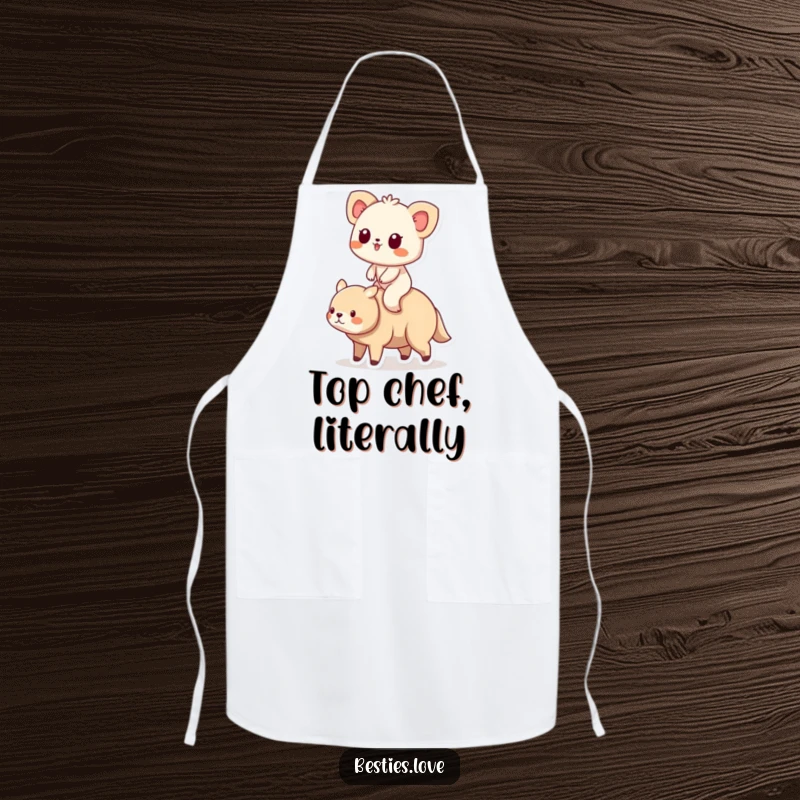 Funny Animal Friends Riding Apron depicting a small animal riding on the back of a larger friend, ideal for culinary tasks.