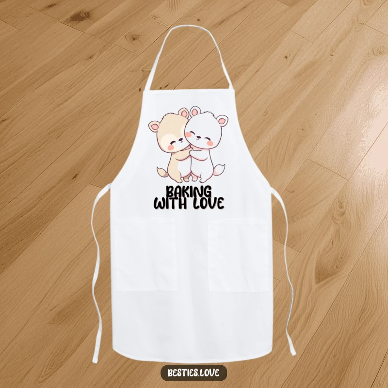 Funny animal hug apron with two cute animals with large heads and short limbs sharing a warm embrace, perfect for kitchen sweetness.