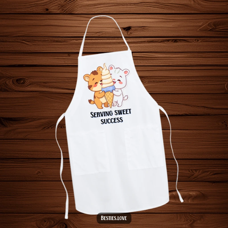 Funny animals sharing a giant ice cream cone, a cute and functional apron for kitchen adventures.