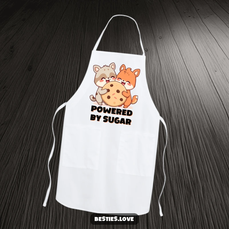 Funny apron depicting two smiling animals joyfully sharing a huge cookie, ideal for bakers who love humor and delicious treats.