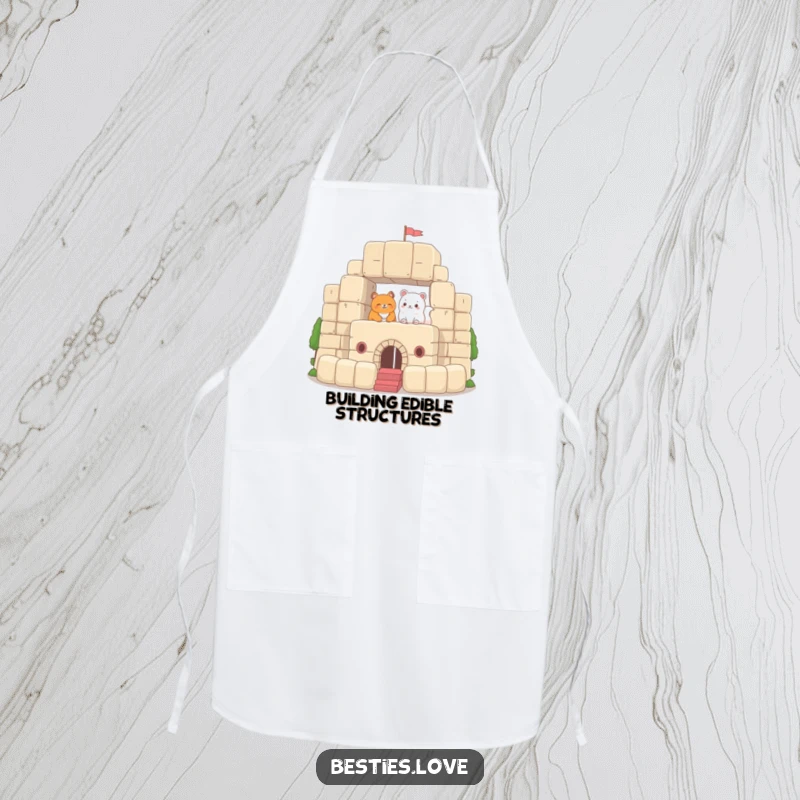 Funny Apron depicting two animals building a magnificent fort out of oversized plush blocks, bringing a humorous and creative touch to any cooking session.