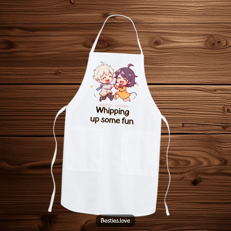 Funny Apron showing two characters playfully chasing each other in circles, giggling, adding a humorous and lighthearted touch to kitchen adventures.