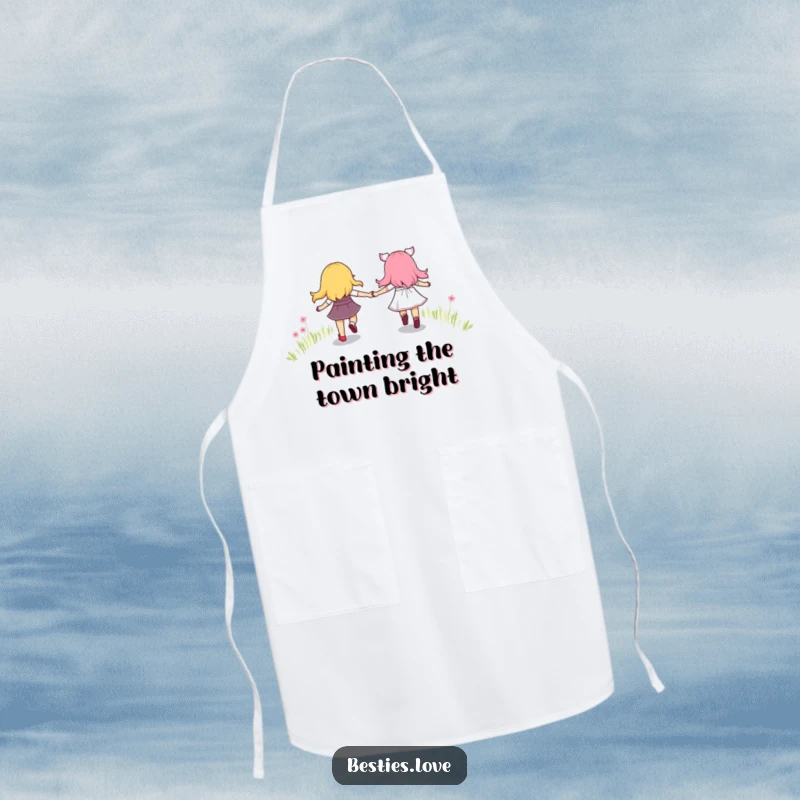 Funny kitchen apron showing best friends hand-in-hand, skipping happily along a colorful rainbow path, bringing joy to any chef.