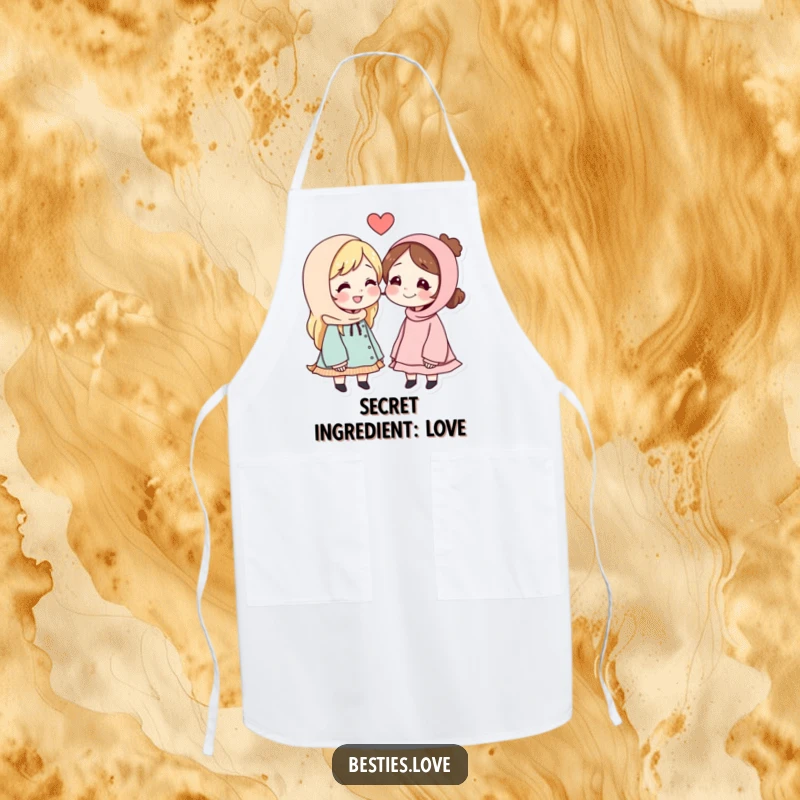 Funny kitchen apron depicting best friends leaning in to share a secret whispered message, perfect for culinary confidantes.
