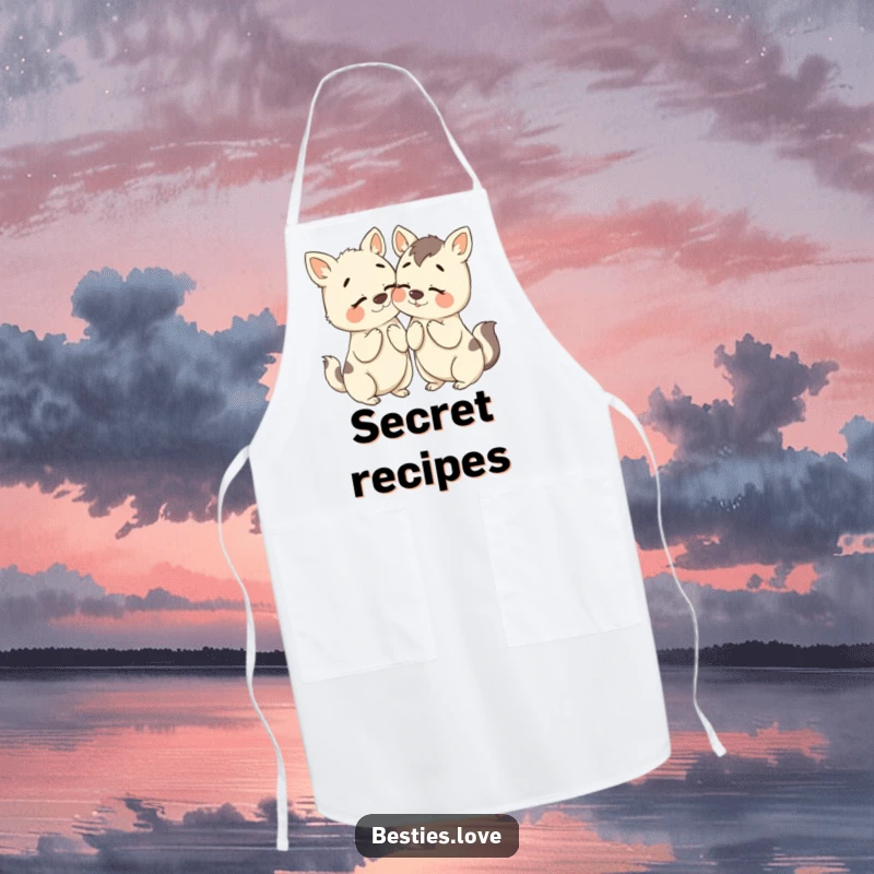 Funny Bestie Animals Apron: Two animal companions humorously whispering secrets with exaggerated expressions, ideal for kitchen fun.