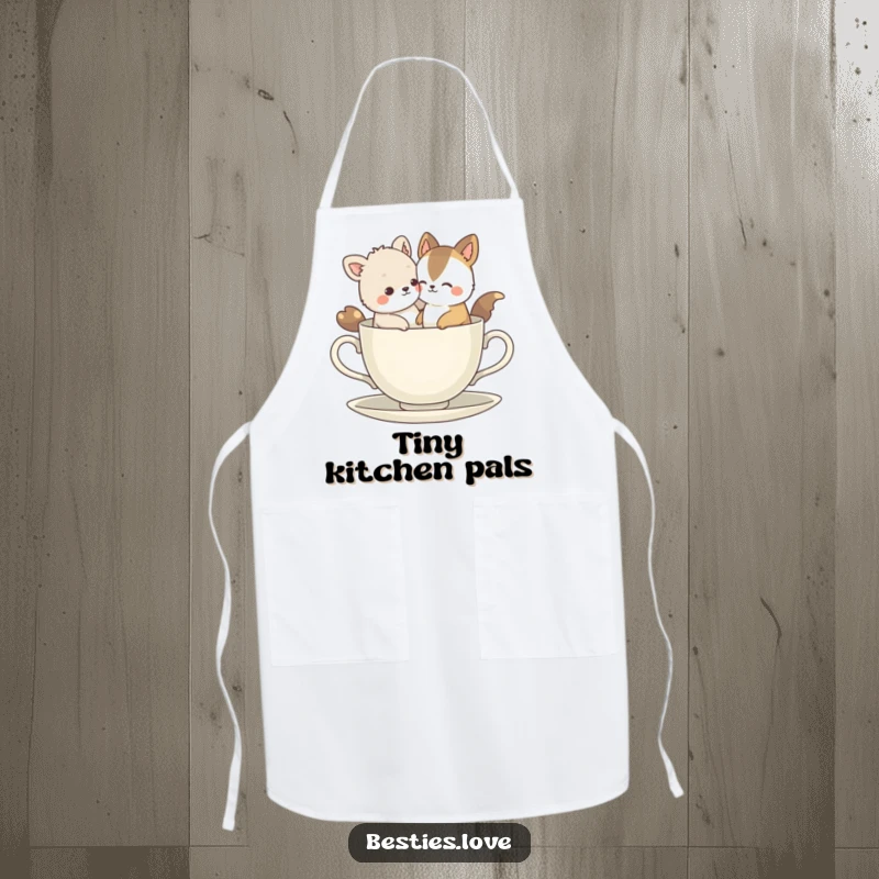 Funny Bestie Animals Apron: Two dear friends humorously attempting to fit into a tiny teacup, ideal for kitchen fun.