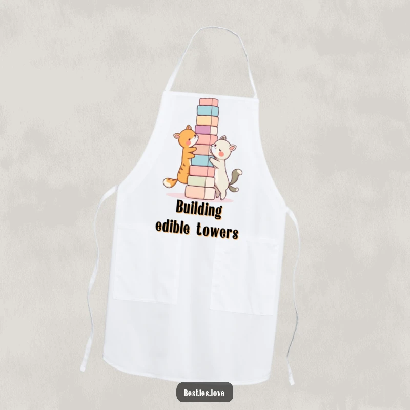 Funny bestie apron, two animal characters building a ridiculously tall tower of blocks together, kitchen accessory.