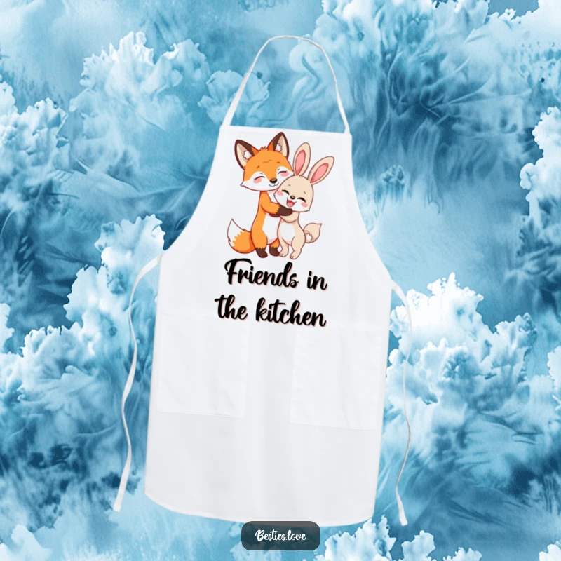 Funny Fox and Bunny Apron: A fox and bunny share a secret hug, adding playful friendship humor to this kitchen apron.