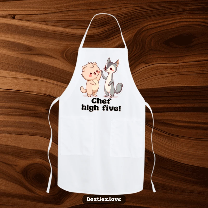 Funny friends apron, two kawaii animal characters, a fluffy and a sleek one, enthusiastically high-fiving, kitchen accessory.