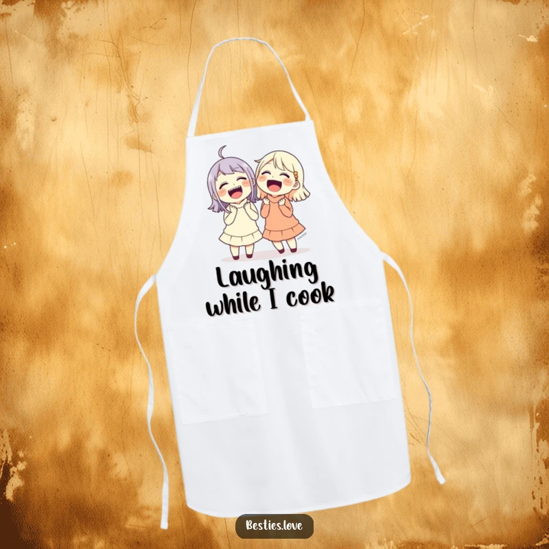 Funny friends laughing uncontrollably, holding their sides, a fun and functional apron for kitchen antics.
