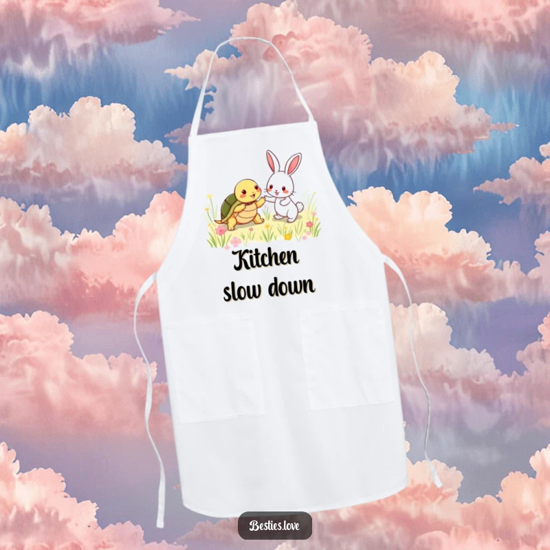Funny Apron: A shy turtle and an energetic rabbit playing tag in a meadow, a humorous and functional apron for cooking enthusiasts.