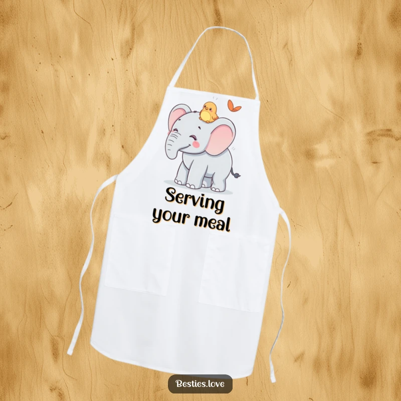 Funny Apron: A smiling elephant offering a ride to a tiny bird on its back, a humorous and functional apron for kitchen kindness.