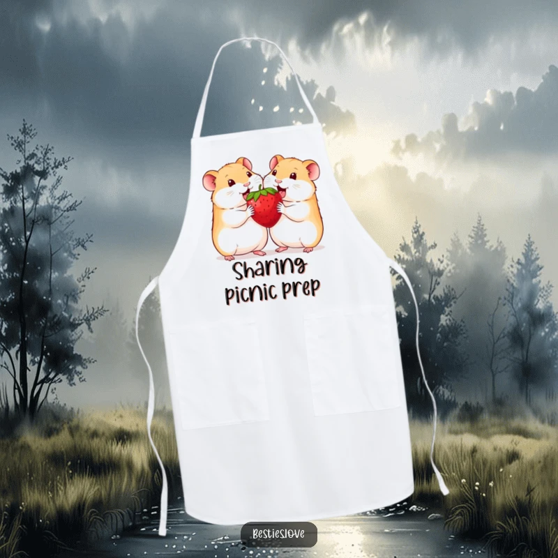 Funny hamster apron showing two smiling hamsters sharing a single, oversized strawberry while preparing food with glee.