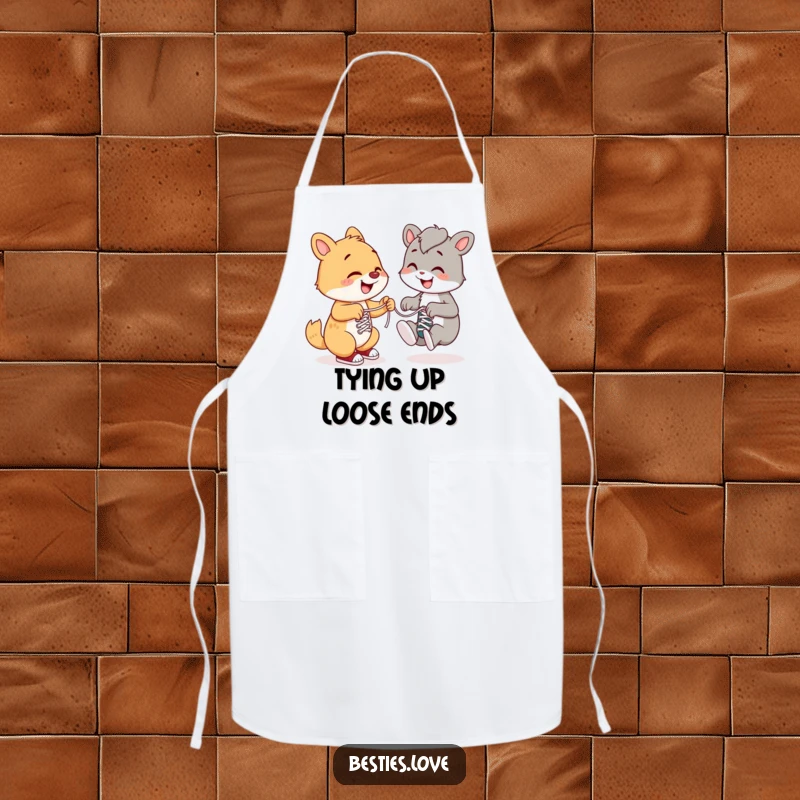 Funny apron depicting a smiling animal helping another tie its shoelaces, perfect for chefs who enjoy humor and spreading kindness.