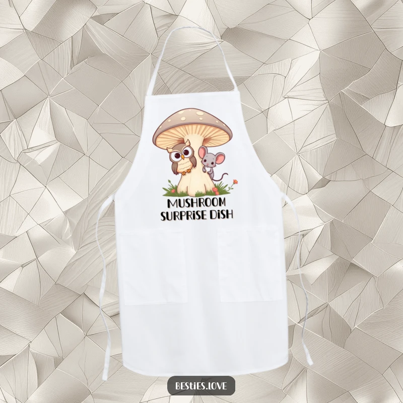Funny apron featuring an owl and mouse best friends peeking from behind a large mushroom, ideal for kitchen use and humor.