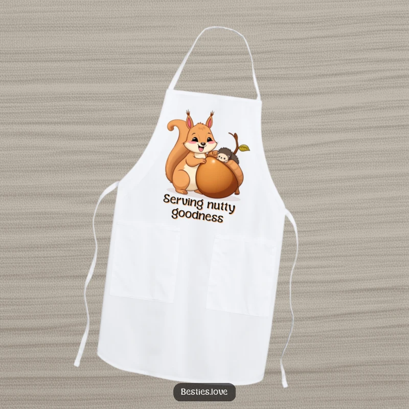 Funny apron with a happy squirrel sharing a big acorn with a tiny hedgehog, perfect for kitchen fun and gifting.