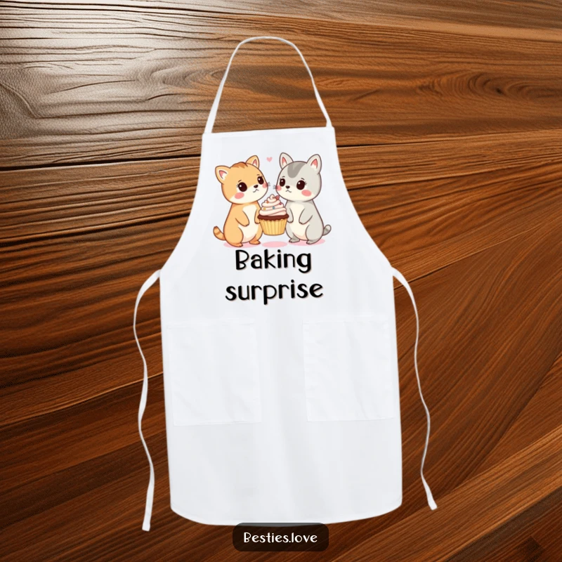 Funny apron featuring two cute animals looking surprised at a tiny, floating cupcake, ideal for chefs and home bakers.