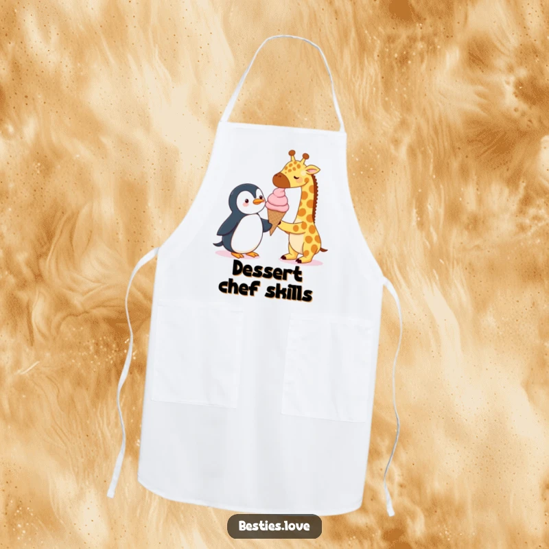 Funny Apron: A giraffe and a penguin sharing a single, oversized ice cream cone, a humorous and functional apron for kitchen fun.
