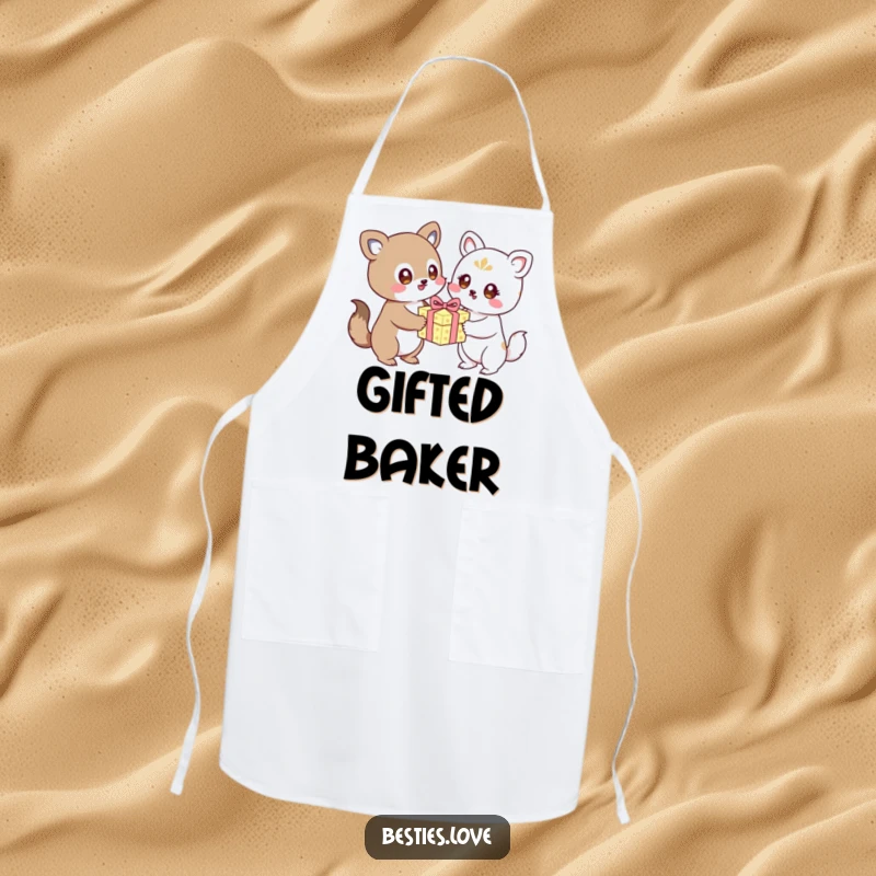 Funny kawaii animals exchanging a birthday gift, a humorous apron for birthday celebrations, great gift.
