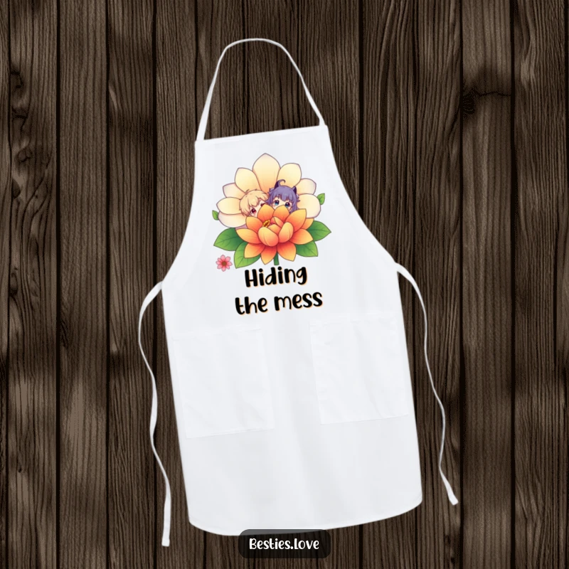 Funny Apron: Two characters playfully peek from behind a giant, colorful flower, adding a humorous and protective layer for cooking.