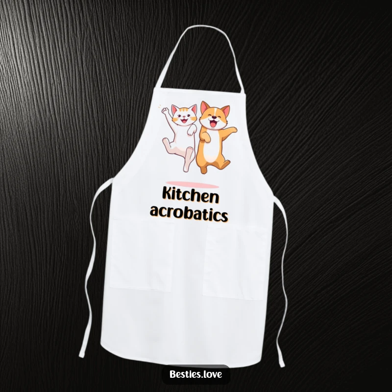 Funny apron with a cat and dog jumping high, kicking legs with excitement, ideal for kitchen adventures and pet-themed fun.