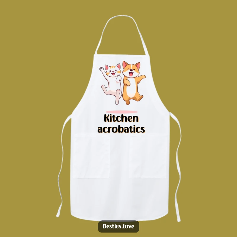 Cute Funny Cat Dog Jump Apron - Playful Pet Pals Kitchen Gift