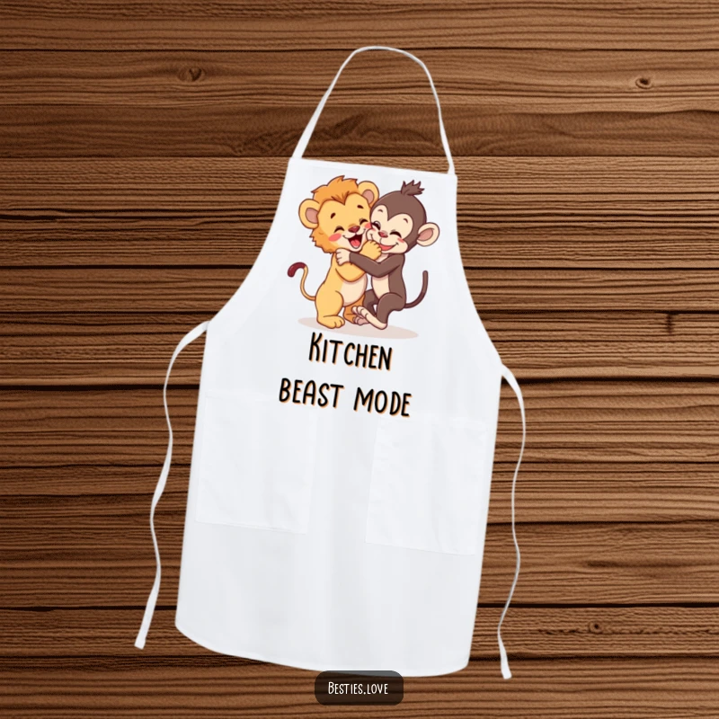Funny Apron: A lion cub and a playful monkey wrestling joyfully, a humorous and functional apron for the adventurous cook.
