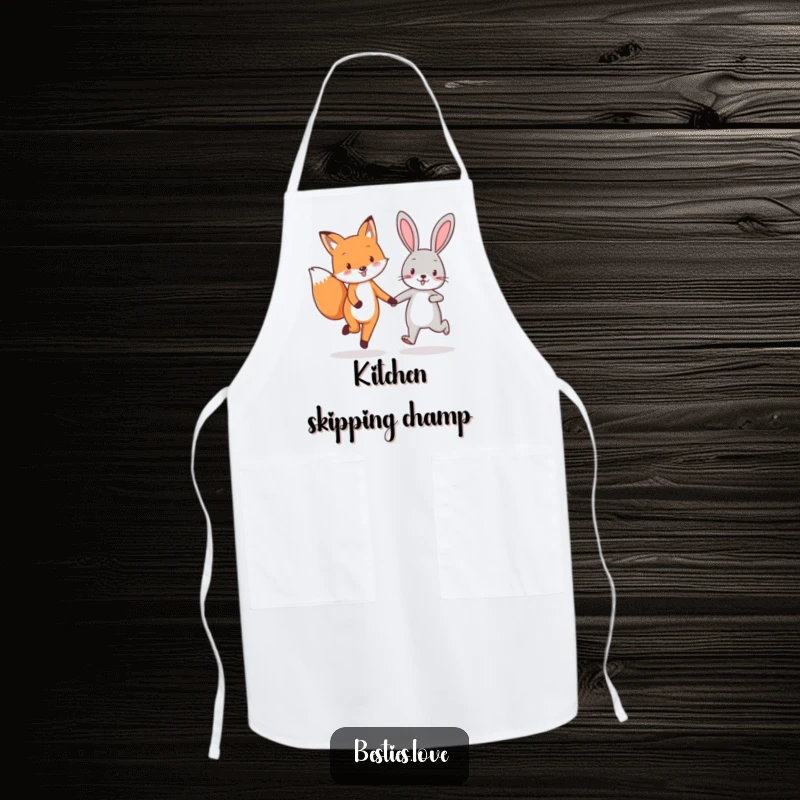 Funny fox and rabbit best friends apron, illustrating their enthusiastic skipping and hand-holding, perfect for joyful cooking.