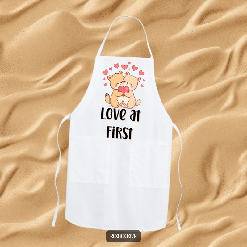Funny Apron: Two animals in a blissful hug with hearts floating around them, adding love to kitchen wear.