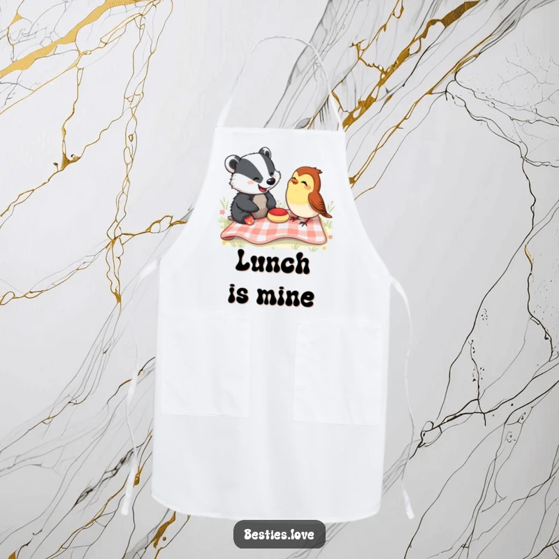 Funny Apron: A happy badger and a cheerful robin enjoying a picnic, sharing a laugh while cooking up a storm, funny kitchenware.