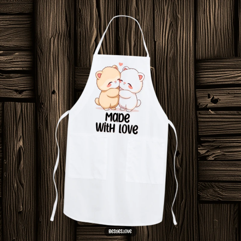Funny apron depicting two fluffy animals in a warm embrace, perfect for chefs who enjoy humor, love, and staying clean.