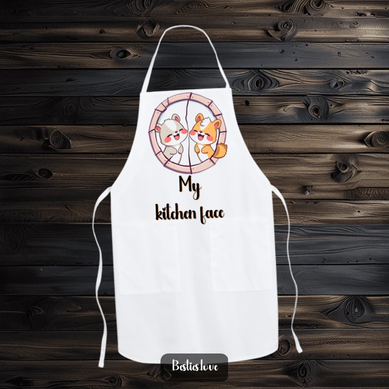 Funny Animal Friends Apron: Two companions humorously making funny faces in a cracked mirror, ideal for kitchen fun and laughter.