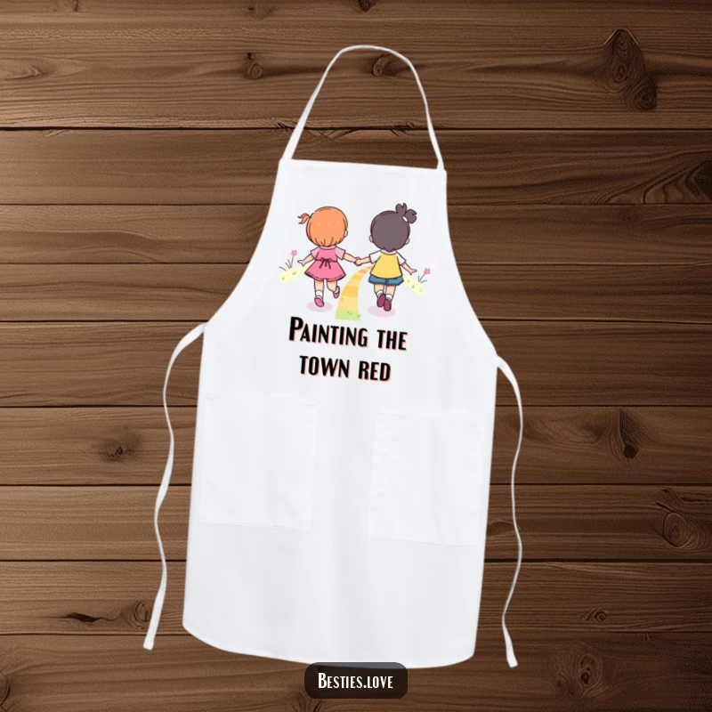 Funny Rainbow Friends Skipping Apron with two friends cheerfully skipping along a dreamlike rainbow path.