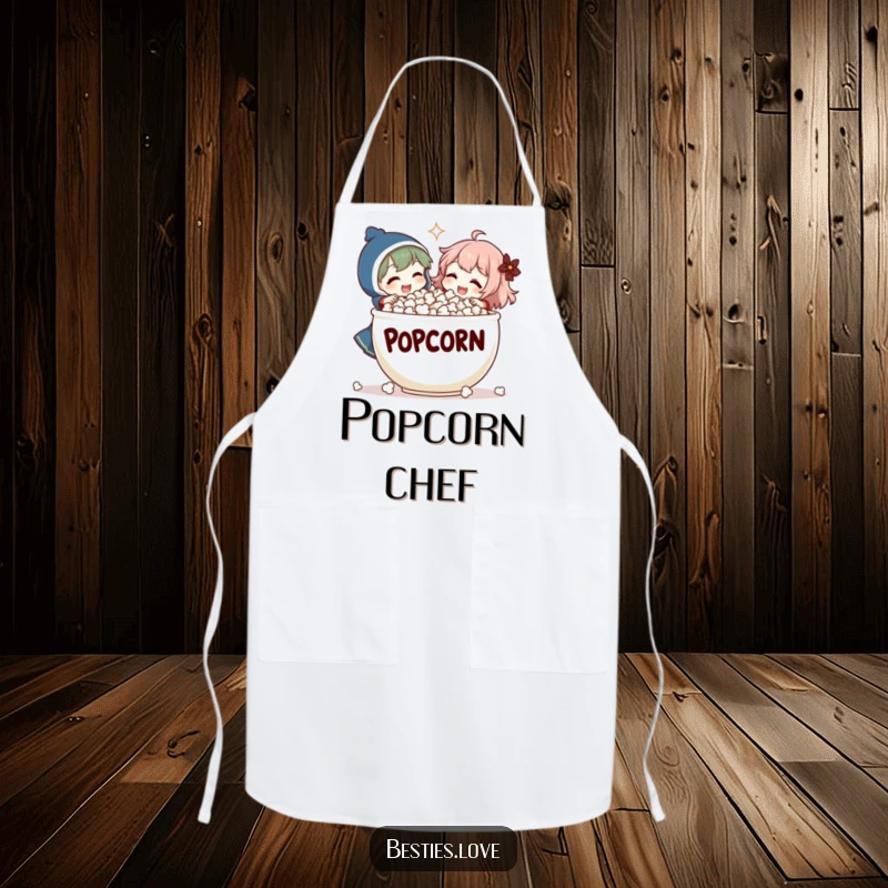 Funny Apron: Two characters share a comically large popcorn bowl and laugh, bringing a humorous and protective element to the kitchen.