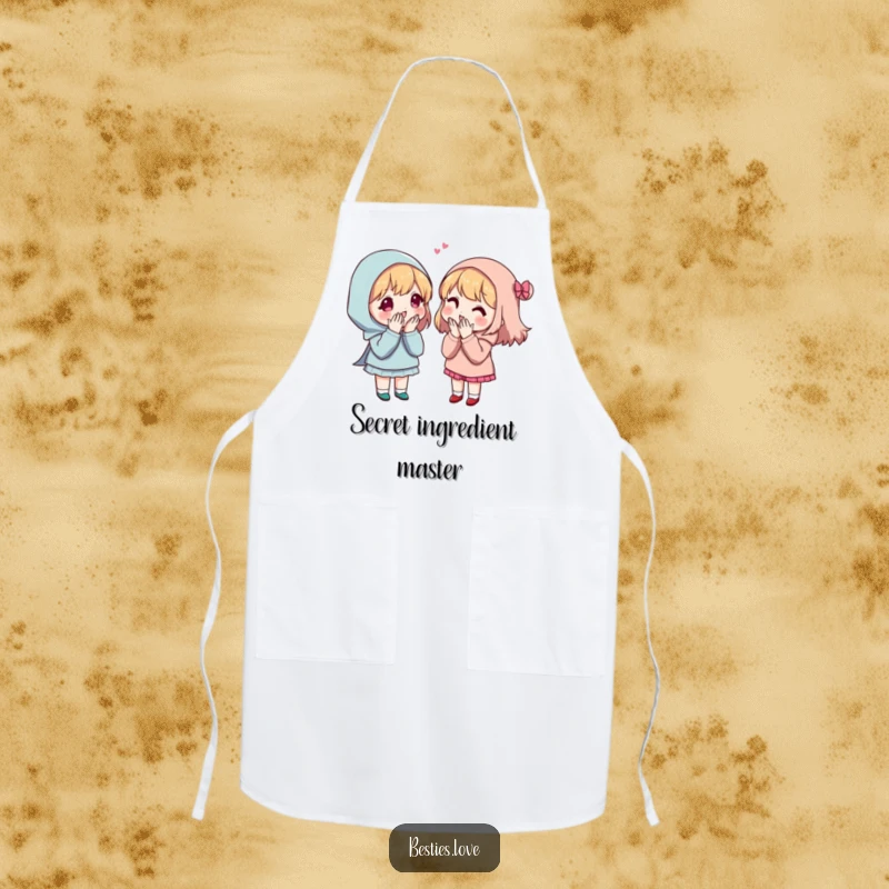 Funny Secret Sharing Friends Apron depicting two friends engaged in exaggerated whispering, perfect for kitchen gossip sessions.