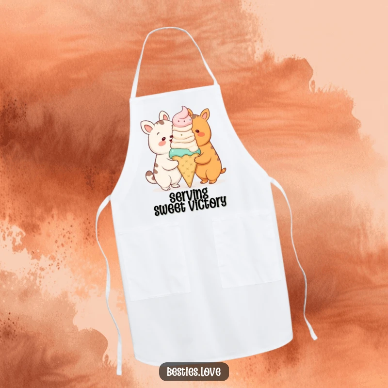 Funny apron with two cartoon animals sharing a comically oversized ice cream cone, perfect for chefs and bakers.
