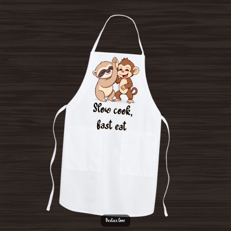 Funny apron with a sleepy sloth and an energetic monkey high-fiving, ideal for kitchen activities and humor.