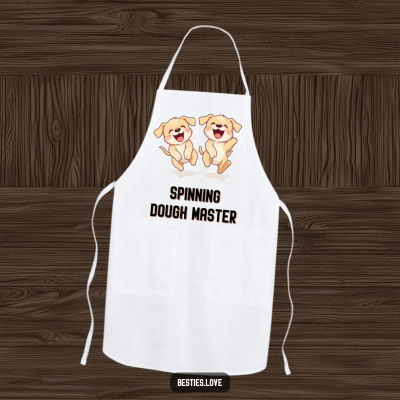 Funny apron with two laughing puppies chasing their tails in a dizzying circle, ideal for kitchen fun and dog-themed cooking.